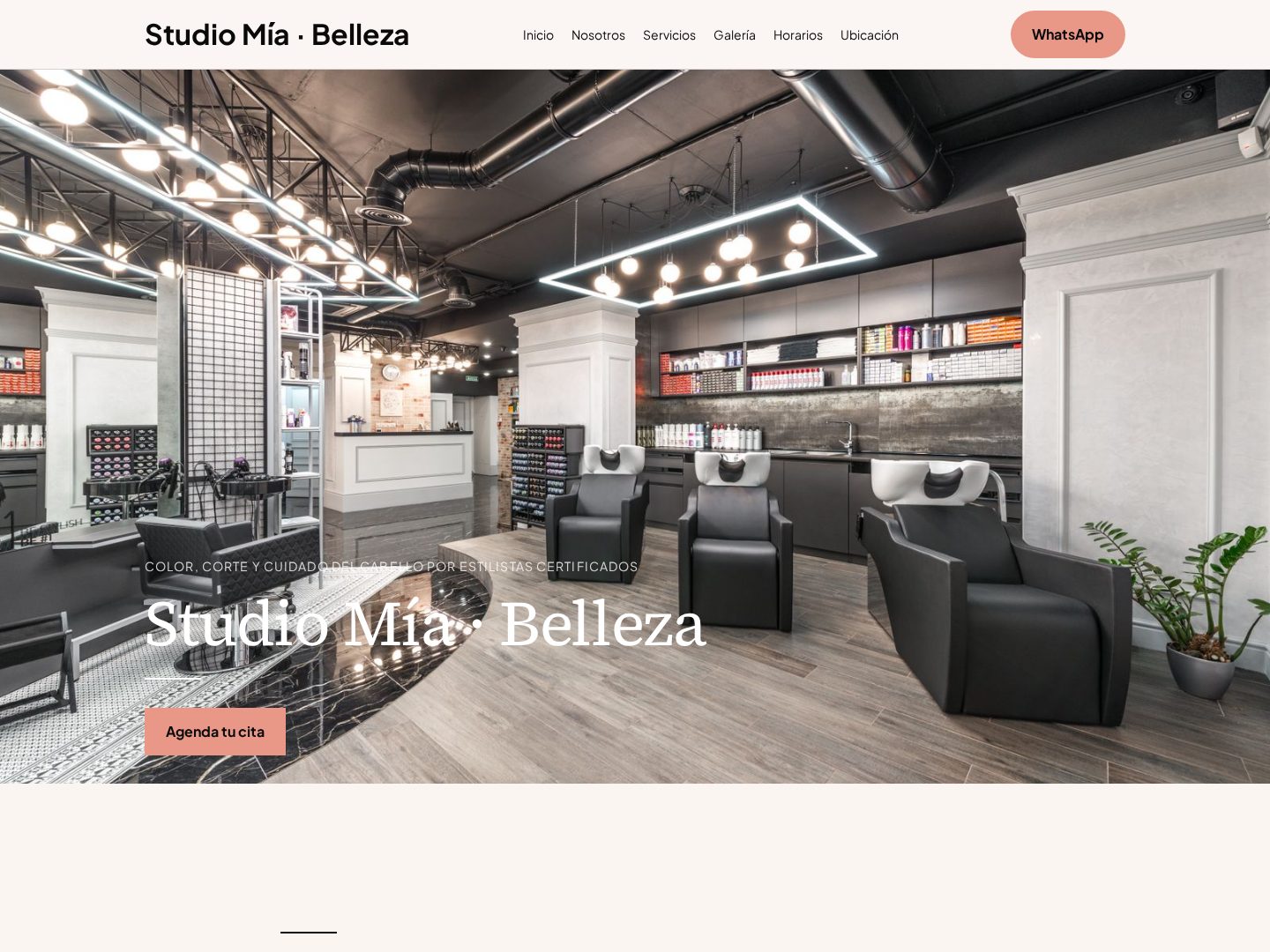 Demo del salón Studio Mía Belleza — ejemplo de sitio de una página de TuNegocio