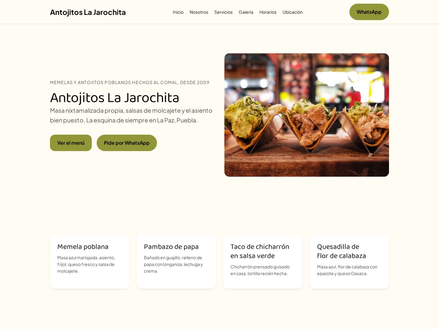 Demo de taquería Antojitos La Jarochita — ejemplo de sitio de una página de TuNegocio